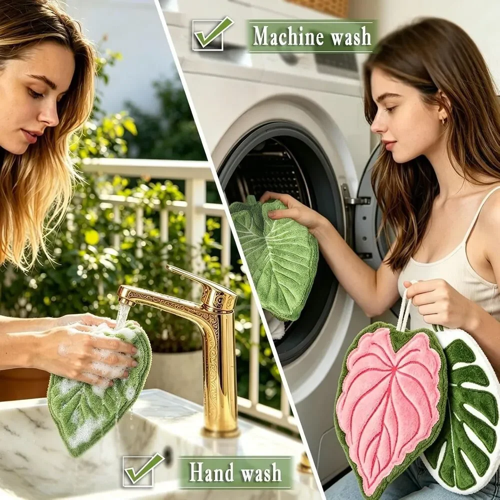 2 Pack Leaf Shape Kitchen Hand Towels Soft Absorbent Hanging Loop Bathroom